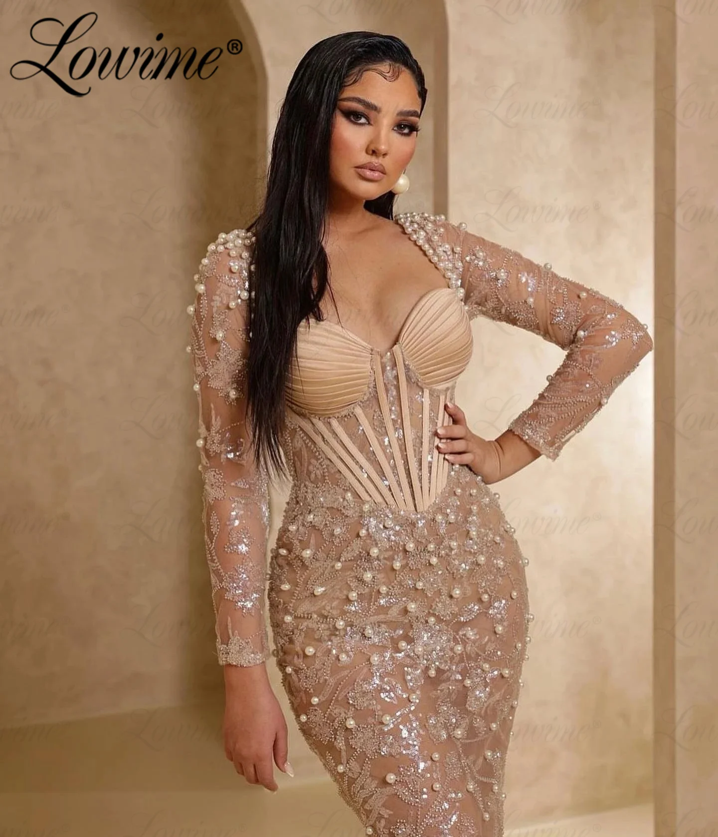 Floral Pattern Beads Sequined Party Dresses Champagne Long Sleeves Mermaid Formal Women Prom Gowns 2023 See Through Evening Wear