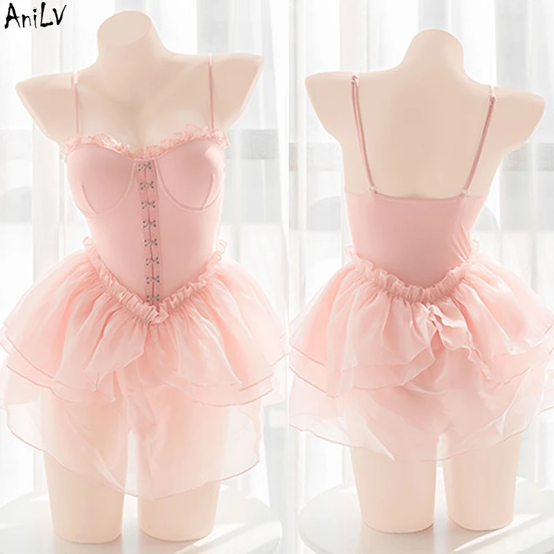 AniLV Girl Elegant Swan Ballet Dance Dress Pink Unifrom Women Bddysuit Swimwear Outfits Costumes Cosplay