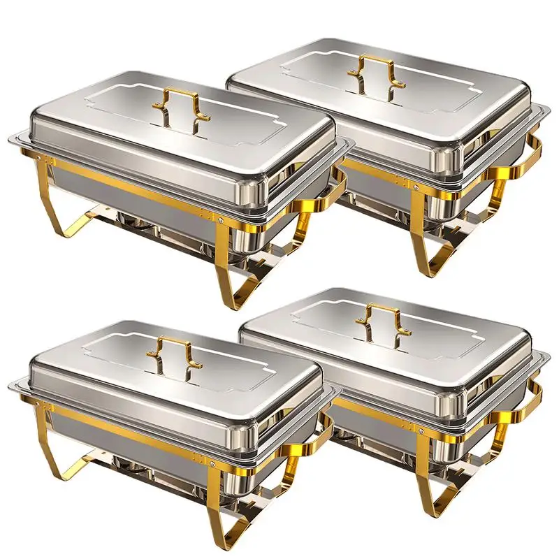 4 Pack Full Size Stainless Steel Hot Pot 8 Quart Hot Pot Buffet Set with Food Tray Sub Lid and Fuel Holder