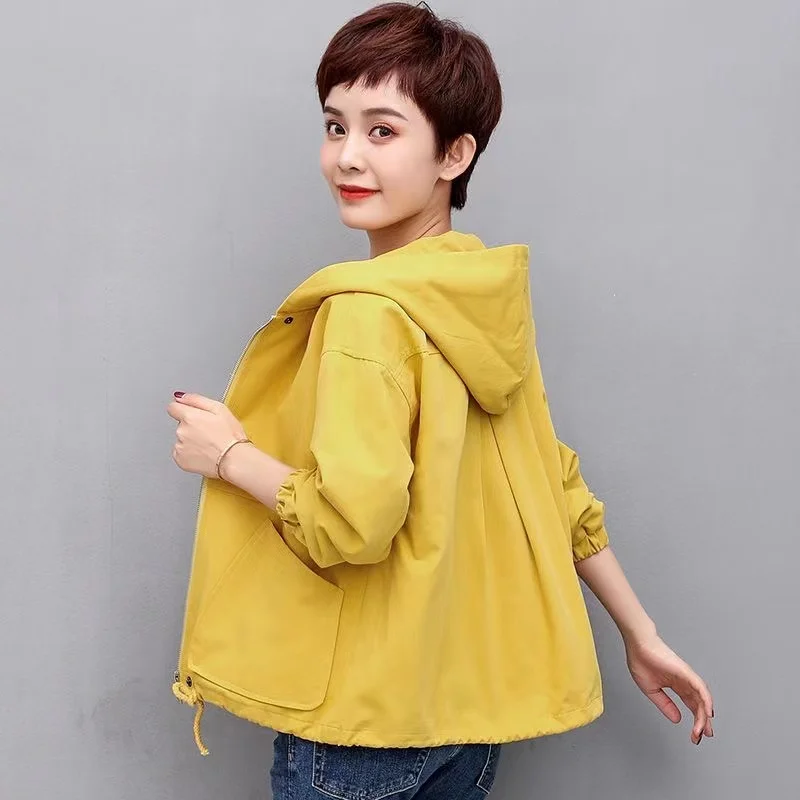 Spring Autumn Windbreaker Women Cotton Hooded Loose Drawstring Short Casual Jacket Base Coat 2024 New Female Outerwear Clothing