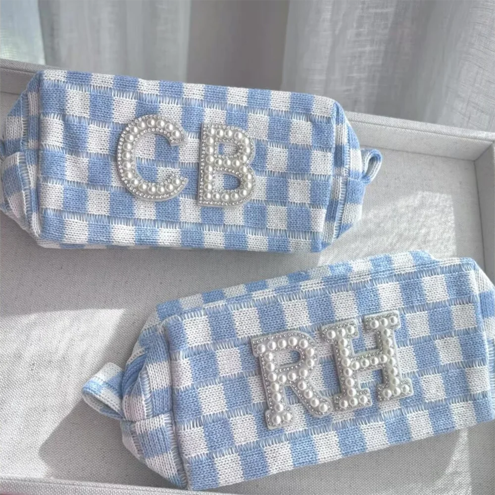 

Personalized Pearl Letter Light Blue Checkered Pouch Coastal Bachelorette Party Favors Toiletry Bag Last Toast on The Coast Gift