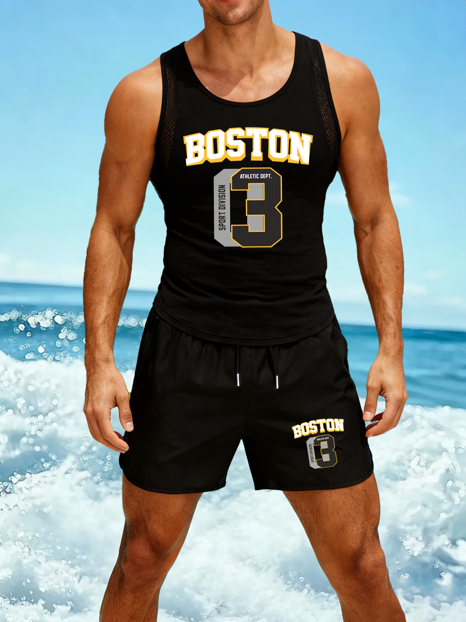 

Boston 03 Creative Letter Print Male Reticular Vest Suit O-Neck Clothing All-Match Sport Shorts Unisex Fashion Sleeveless Tank