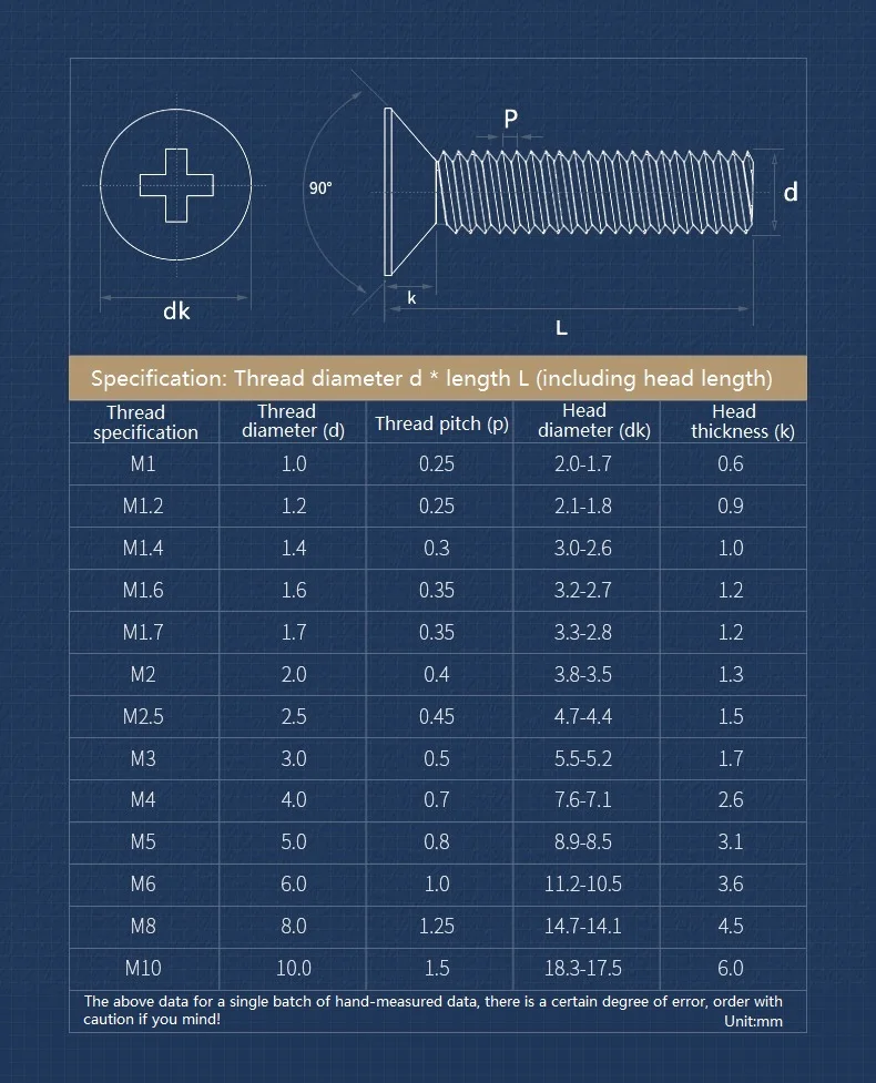 M1 M1.2 M1.4 M1.6 M2 M2.5 M3 304 Stainless Steel Cross Countersunk Head Screws Flat Head Phillips Screw