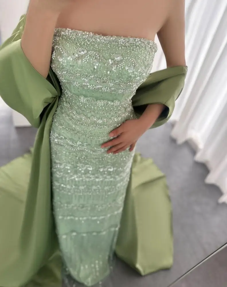 Jirocum Saudi Arabia Luxury Mint Green Beaded Evening Dresses Strapless Ruched Gown with Tulle Cape Sleeves for Gala & Prom