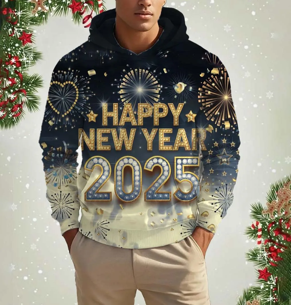 Happy New Year 2025 Pattern 3D Print Sweatshirts Fashion  Men's Hooded Pullover Casual Clothes Streetwear Men's Clothing