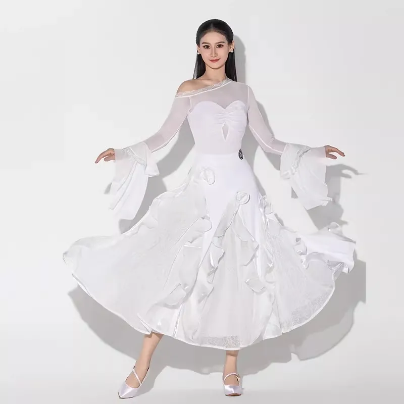 

Новая женская одежда для соревнований по бальным танцам, топ с наклонными плечами, большая распашная юбка, костюм для взрослых, вальс, современное танцевальное платье DN22539