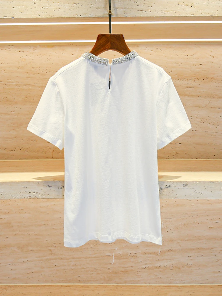 

M Home South Oil High End European Sle Women's Cotton T-irt Diamond Embedded Versatile Spring Autumn New Arrival