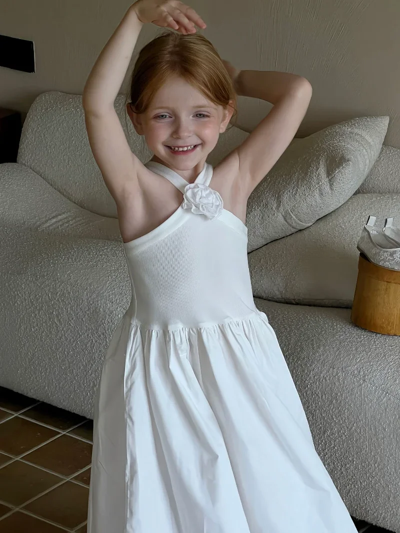 HoneyCherry New Girl's Strappy Sundress-French-Style Sleeveless White Princess Dress for Kids Flower Girl Dresses