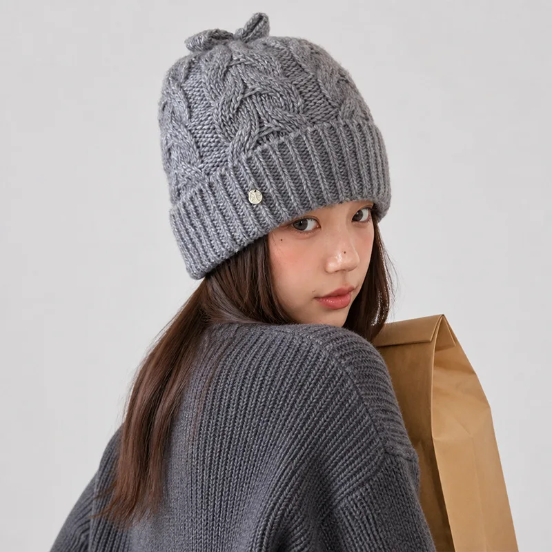 Solid Braided Bow Knit Hat Women Simple Cute Thick Warm Fleece Beanie