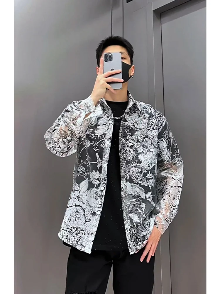 

Lightweight Summer New Sle Ice Silk Hollow out European Organza Men's Faion Sun Protection irt Cool Wind Sle Long Sve