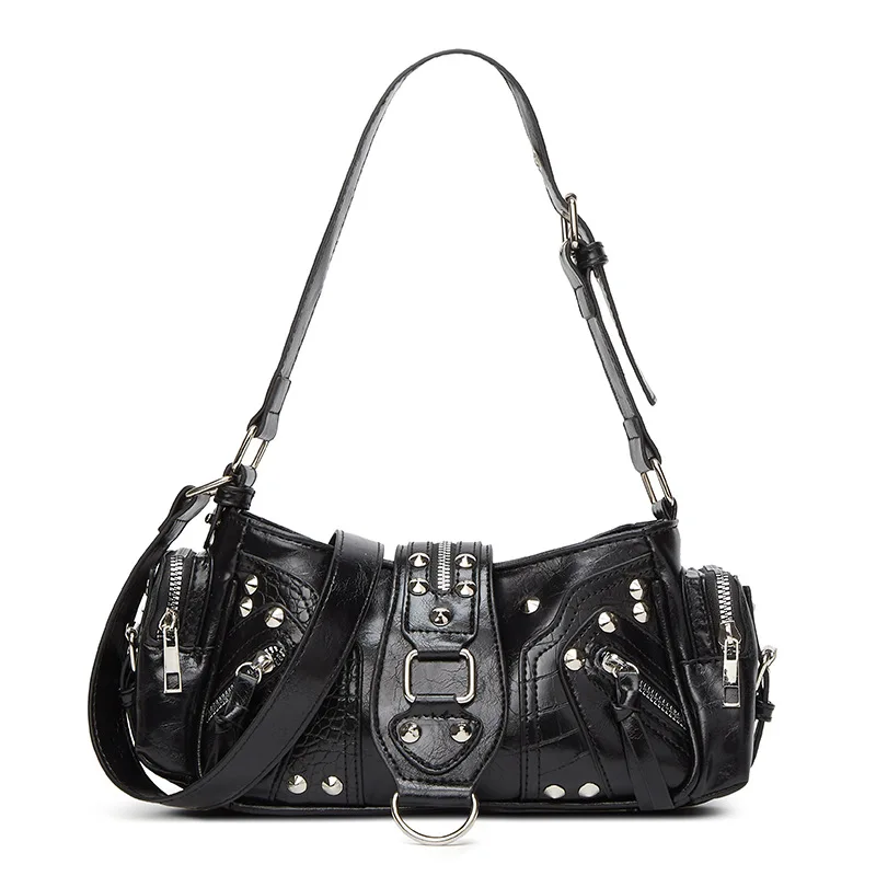 2026 Fashion Pull-up Leather Women's Shoulder Bag Crossbody Bag Motorcycle Armpit Bag Rivet Handbags for Women Luxury Female