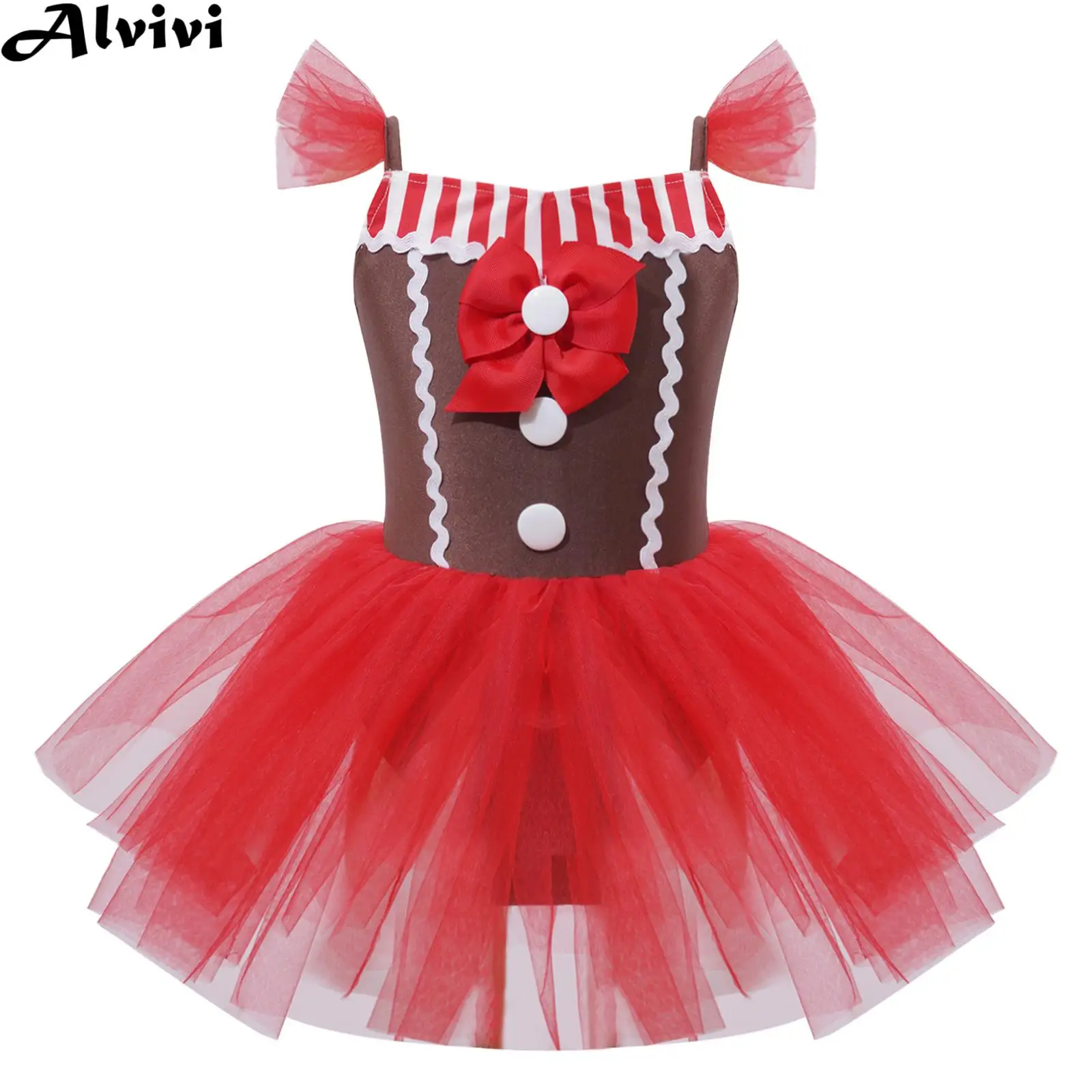 Kids Girls Sleeveless Mesh Tutu Dance Leotard Dress Halloween Carnival Theme Party Christmas Gingerbread Man Cosplay Costume