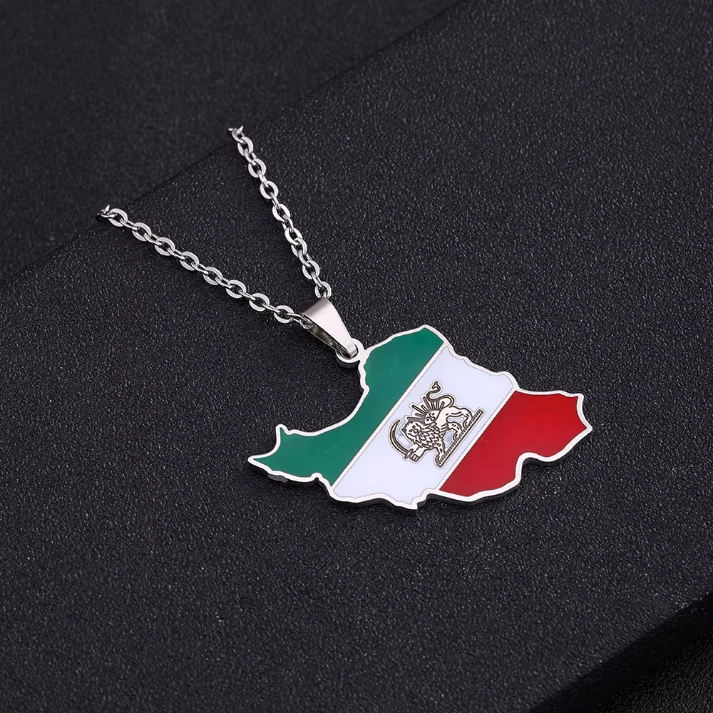 Fashion Lion Sun Iran Map Flag Pendant Neckalces Stainless Steel Men Women Gold Steel Color Iranian Ethnic Jewelry Gifts