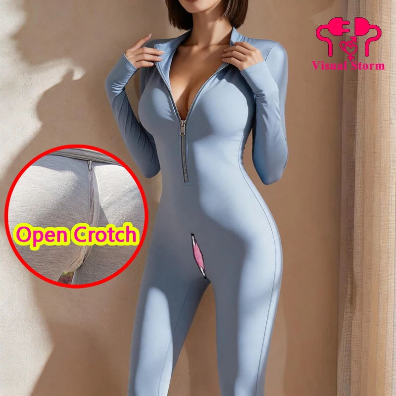 Womens Sexy Open Crotch Bodysuits Hidden Zipper Full Bdoy Gym Fitness Pantie Sportwears Breathable Crotchless Zipper Jumpsuits