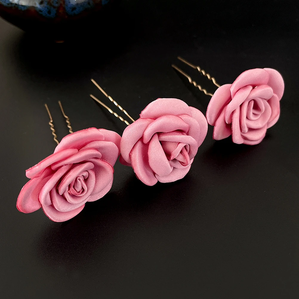 

3pcs Rose Hairpin Pcs Pink Bridal Accessories Wedding Prom Hair Forks Chinese Bride Hair Bridesmaid Flowers
