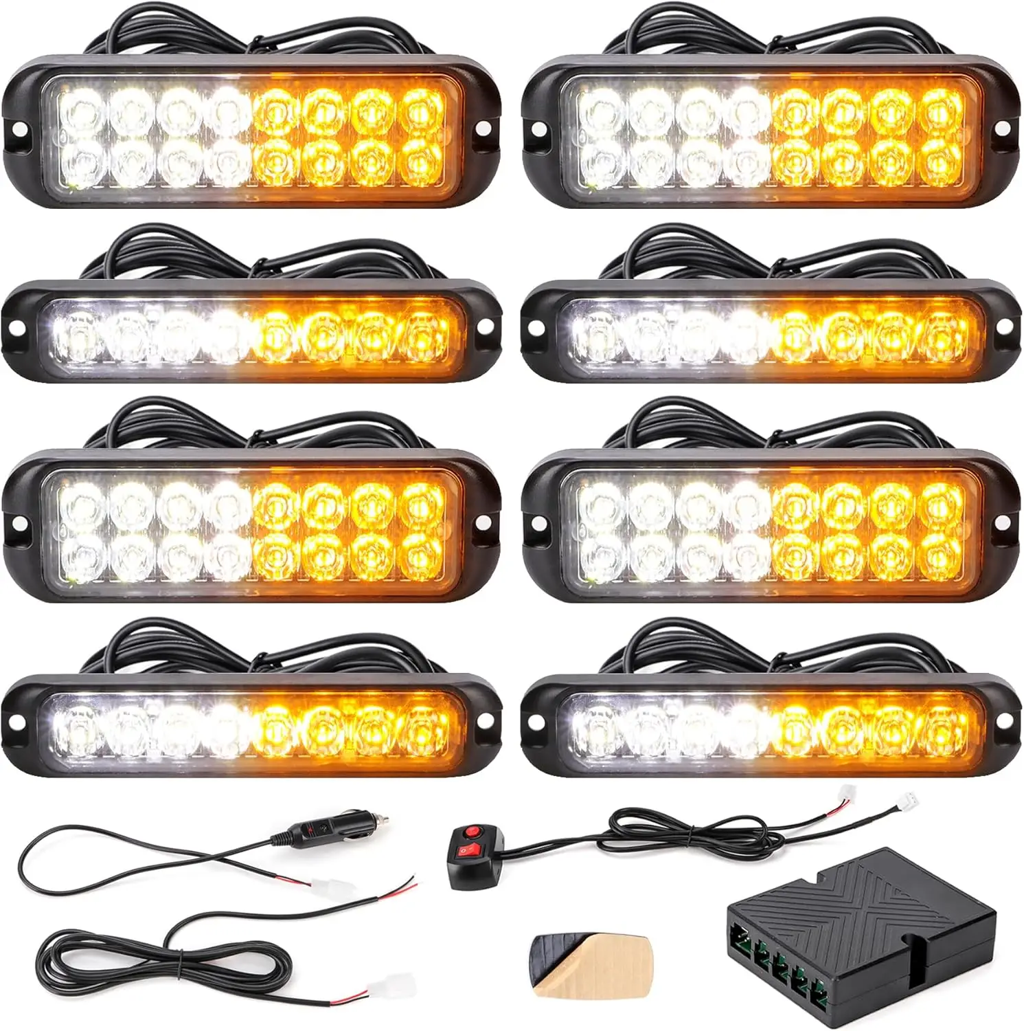 8PCS LED Amber White Strobe Lights Kit 8-LED 16-LED  Ultra Slim Emergency Hazard Warning Flashing Caution Light Surface Mount
