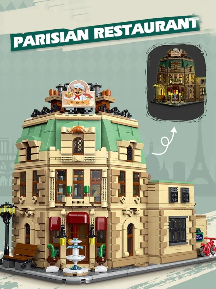 Klemmbausteine Pariser Restaurant mit LED-Beleuchtung, Hausbausteine, Stadtansicht, Laden, Architektur, Ziegelstein-Modellbausatz, Spielzeug für Jungen, Erwachsene, Kinder, Geschenk, 3104 Teile