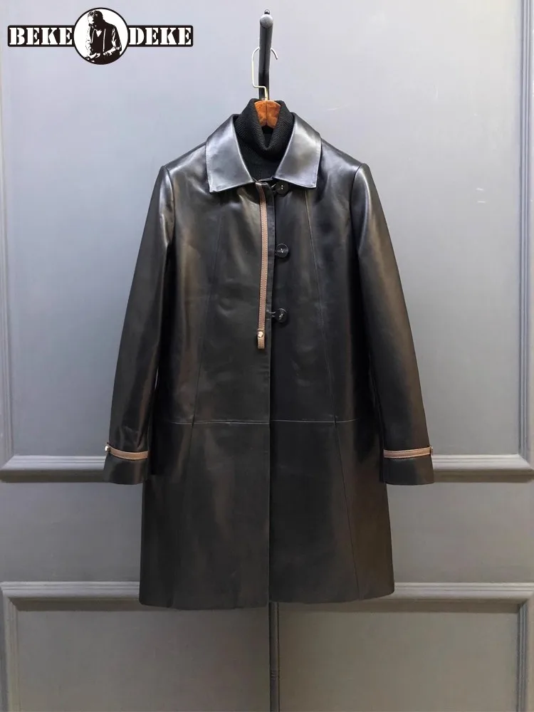 Spring Autumn Women Genuine Leather Long Jacket Single Breasted Mixed Colors Casual Trench Fashion Loose Fit Lady Sheepskin Coat