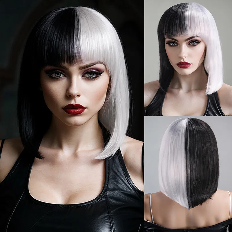 CRUELLA Deville De Vil Cosplay negro blanco con flequillo pelo para mujeres con flequillo pelo corto Bob peluca sintética resistente al calor