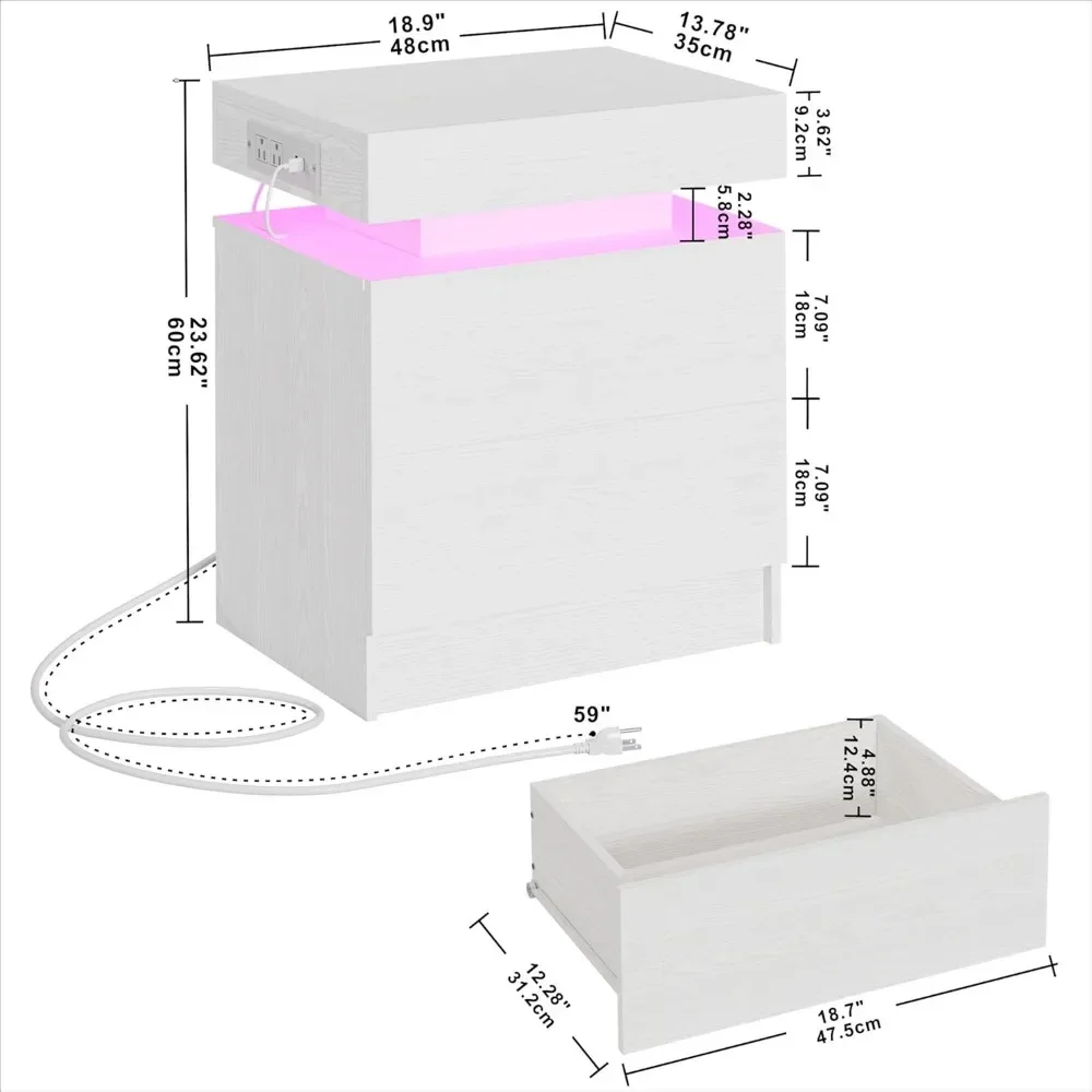 Night Stand with Charging Station, Modern White Nightstand with LED Light and Drawers, Bedside Tables/End Table for Bedroom