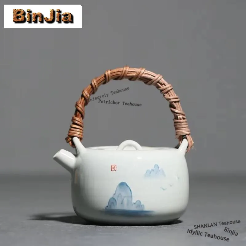 

200ml Hand Drawn Landscape Teapot Household Handmade Rattan Teapot Vintage Anti Scald Pot Tea Soaking Kettle Tea Ceremony Gift