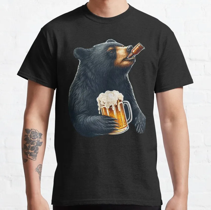 

Black Bear Funny Drinking Beers Funny T Shirt for man wildlife funny drinking Graphic clothes All size tops S-6XL