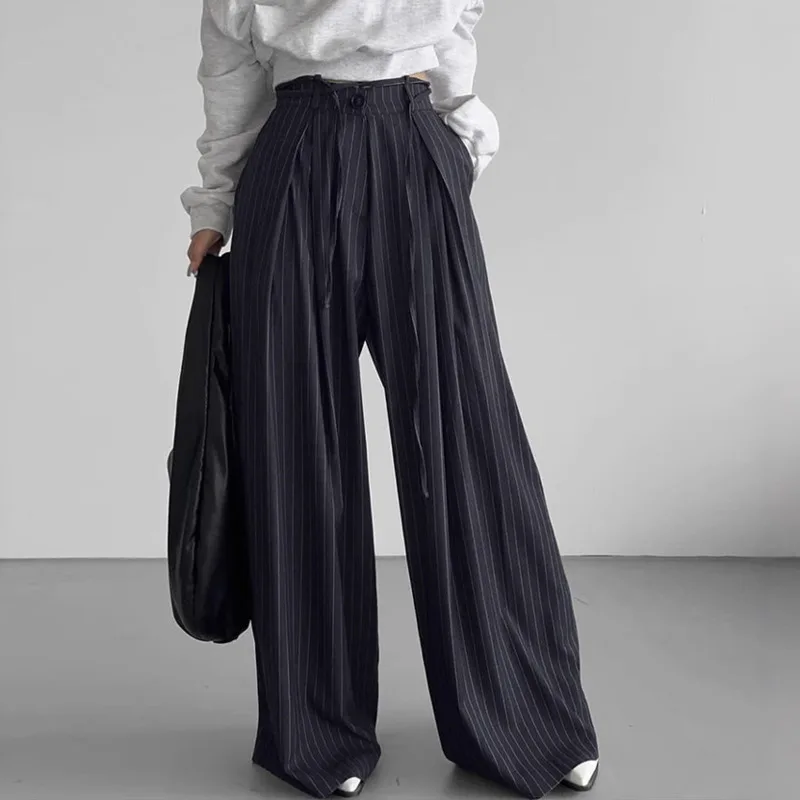 EAEOVNI Striped Fashion Loose Long Pants For Women Lace-up Waist Casual Wide Leg Trousers Office Lady 2025 Spring New 1A296