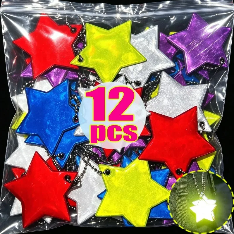 1/12Pcs Colorful Reflective Star Keychain for Visible Safety Night Traffic Safety Reflector Pentagram Double Sided Pendants