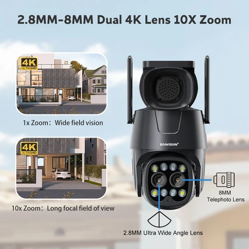 Imagen 2 del producto Cámara de seguridad con tarjeta Sim 4G y WIFI, lente Ultra HD 4K Dual de 8MP, Zoom Digital 10X, detección inteligente de personas, vehículos y mascotas, 16MP
