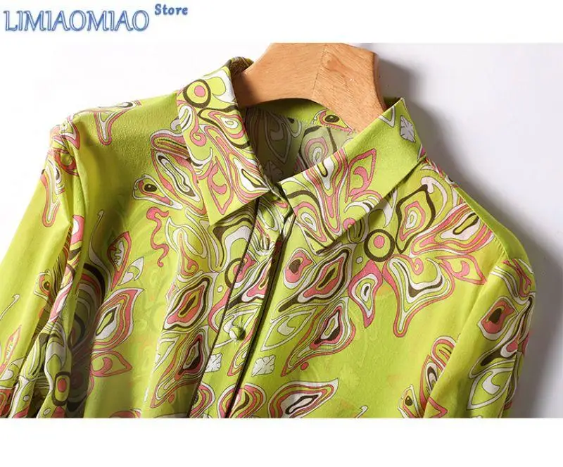 New Yellow Geometric Print Vintage Long Sleeve Single Breasted Women Blouse Shirt Korean Fashion Female Blouses Top Spring