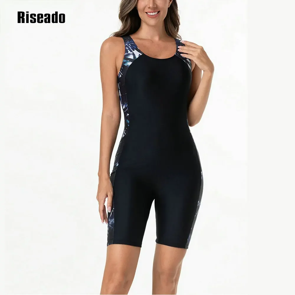 Riseado Athletic One Piece Swimsuits for Women with Boyleg & Knee Length Swimwear U back Bathing Suits Big Size