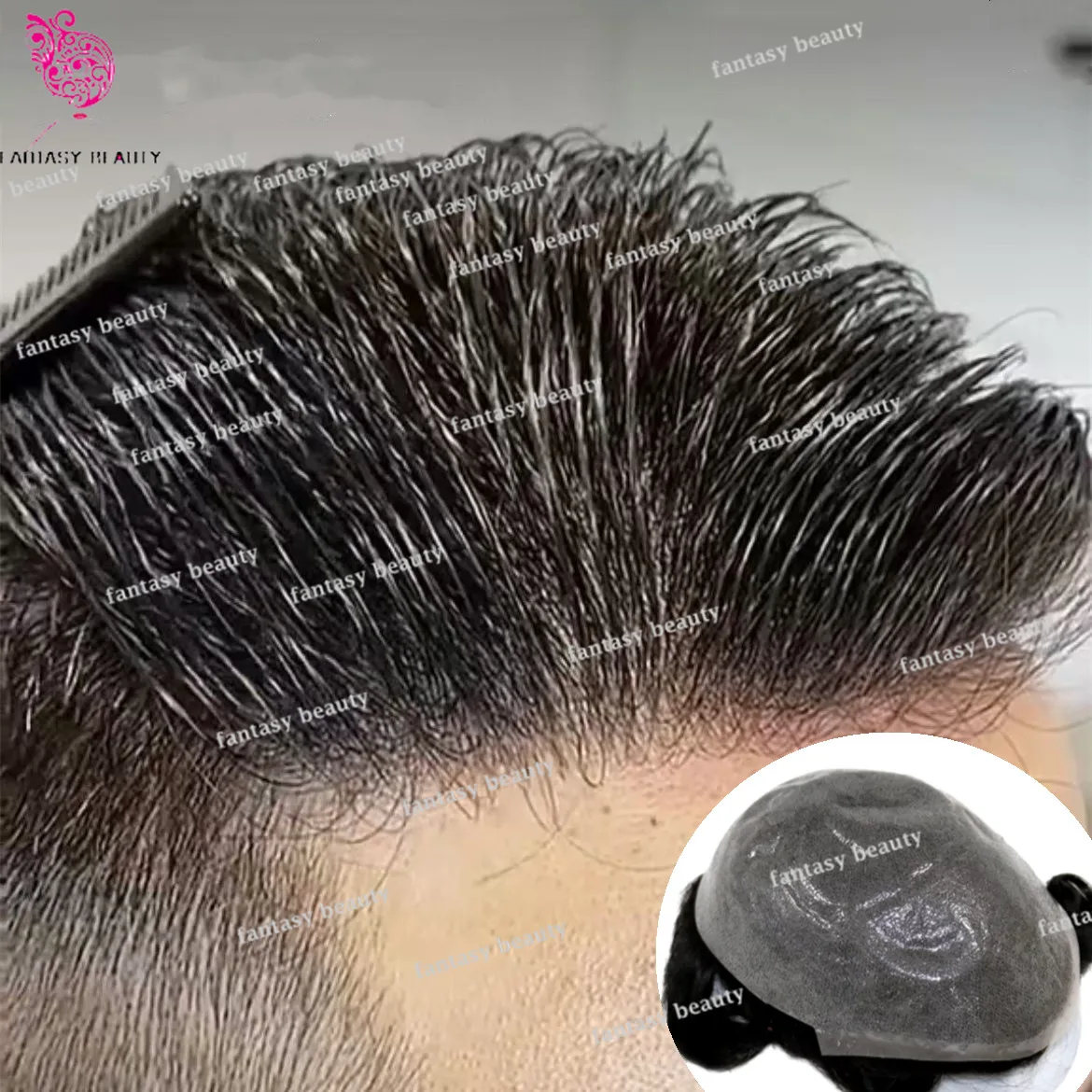 Perruque de cheveux humains à peau ultra-fine VLoop pour homme, délié naturel indétectable, toupet noir et gris, capillaire prothétique, 0.02mm, 1B65, 100%