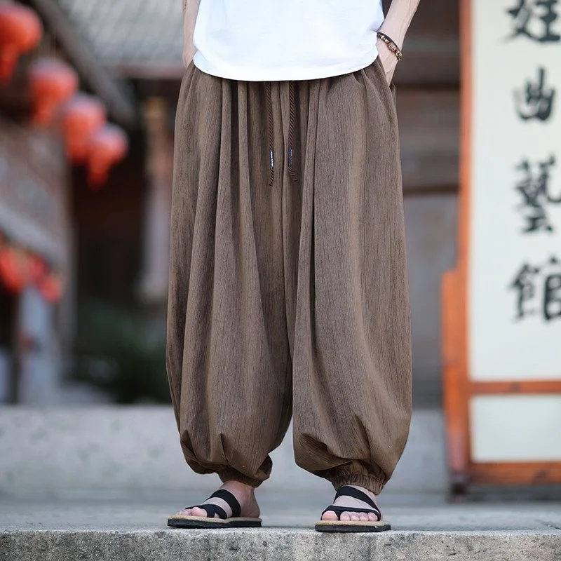 Male Chinese Trendy Bloomers Skirts Pants Men Linen Cotton Daily Casual Streetwear Harem Pants Ethnic Plus Size M-5XL Trousers