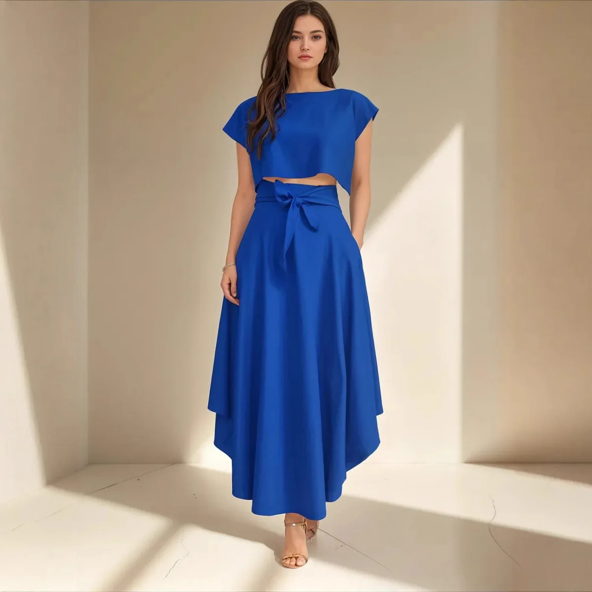 

Модные женские элегантные костюмы, короткие топы и длинные юбки с высокой талией, комплекты 2026, женская одежда, повседневная однотонная одежда из 2 предметов, комплект из 2 предметов