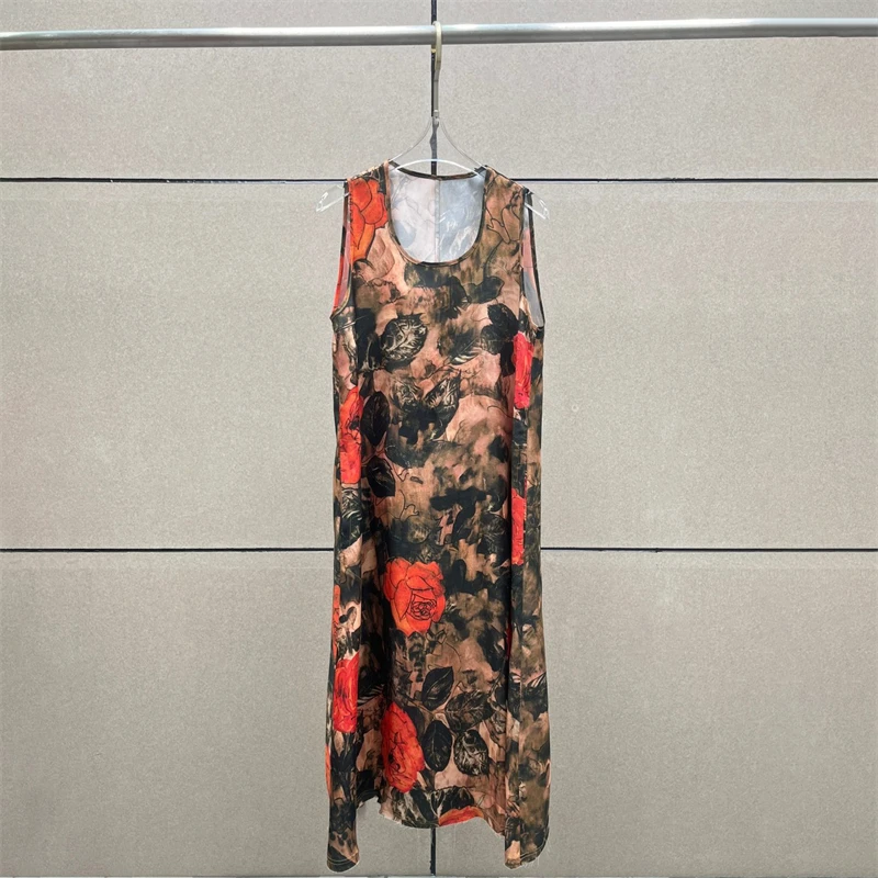 Y2K 高品質の夏の新しい女性のラウンドネックピュアコットンプリントノースリーブドレスファッションカジュアルローズフラワー休暇ミディドレス