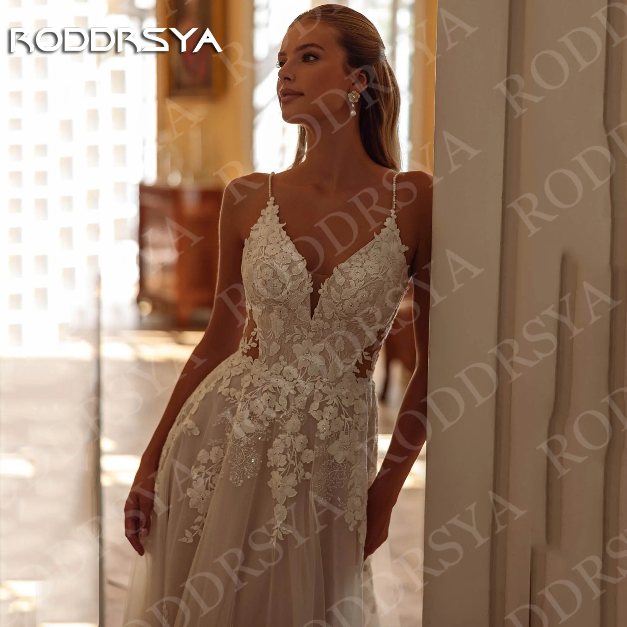 RODDRSYA robe de mariée trapèze en Tulle pour femmes élégante bretelles Spaghetti avec des Appliques en dentelle dos ouvert personnalisée Une ligne Tulle robes de mariée pour les femmes élégantes bridal bracelets de sp