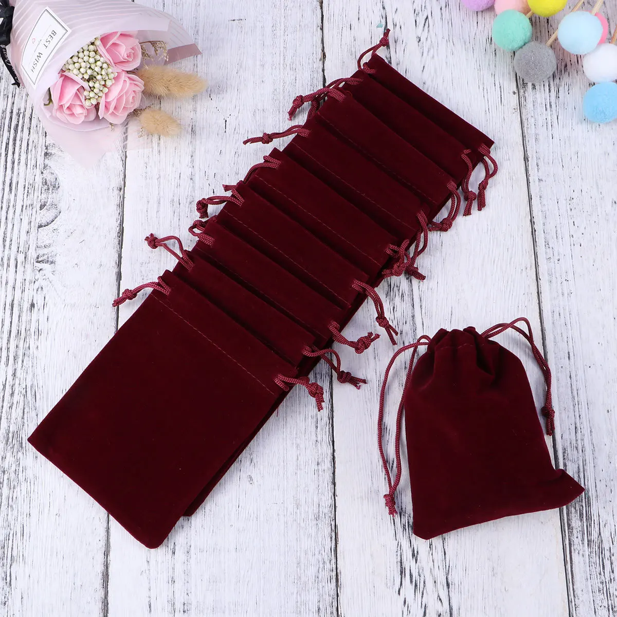 

12Pcs Flannel Drawstring Gift Bags Dark Red for Jewelry Candy Wedding Party Favors and Storage Drawstring Gift Bags