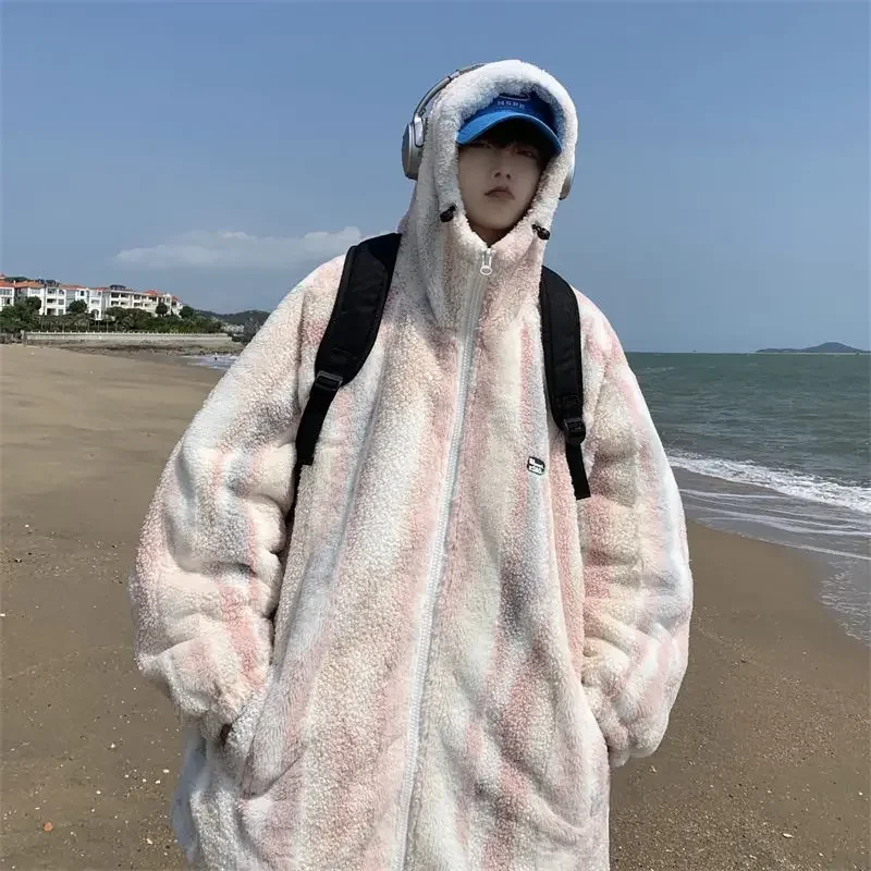 

Winter Jacket Men Tie-dye Lamb's Wool Coat Men's Winter Padded Thickened Hooded Cotton Jacket Loose Tide Warm Cotton Clothing