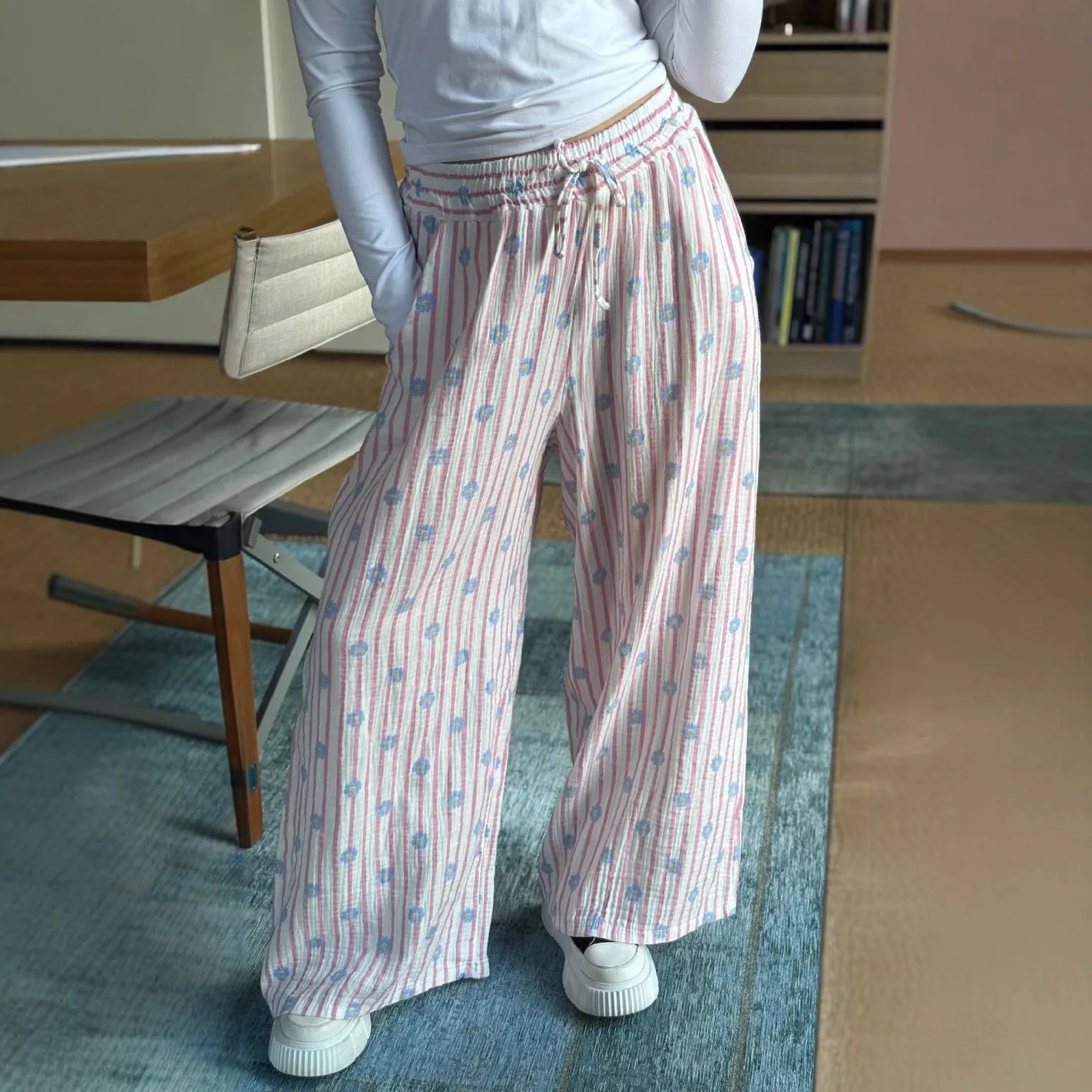 Été mince rayé imprimé femmes pantalons décontractés taille haute Dstring haute élastique Polyester tissu décontracté Sle