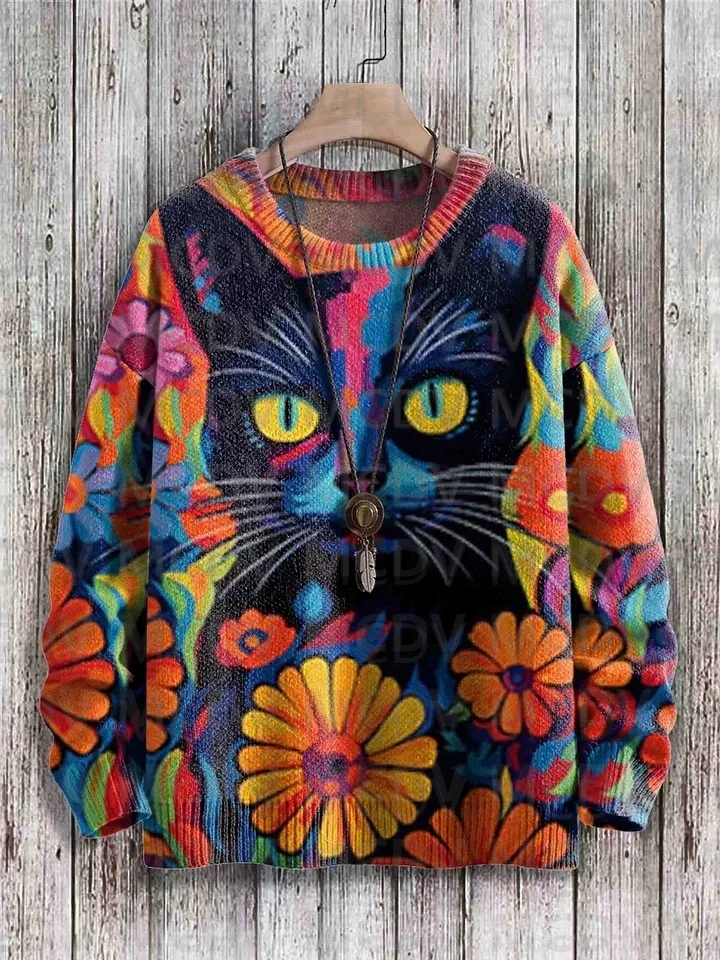 Halloween Cat Multicolor Print Casual Knit Pullover Sweater Men's For Women's Pullover