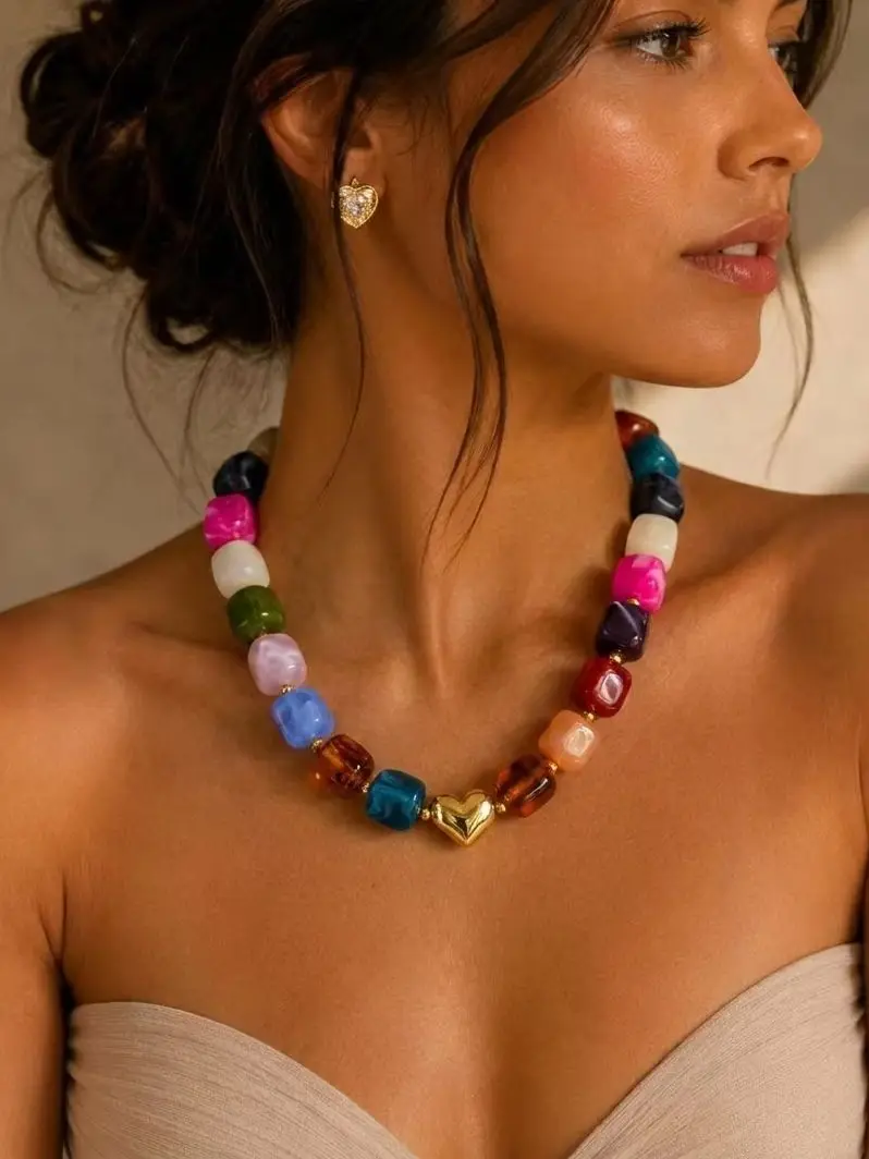 Auffällige Dopamin-Halskette mit bunten geometrischen Harzperlen für Damen, Vintage-Dopamin-Statement-Choker-Schmuck