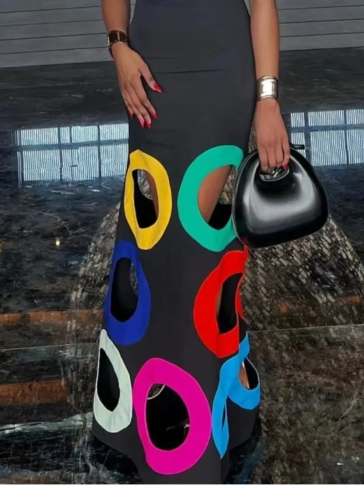 Fashion O-neck Sleeveless Waist Dress For Women Elegant Spring Summer Slim Fit Hollow Positioning Printing Casual Dresses Female