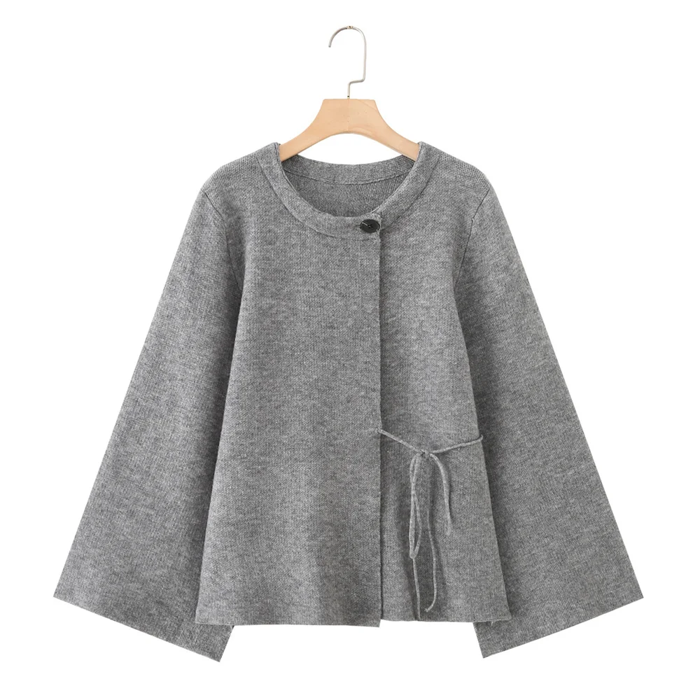 Autumn and winter new women's clothing temperament gray lace up knitted coat with split sleeves sweater jacket