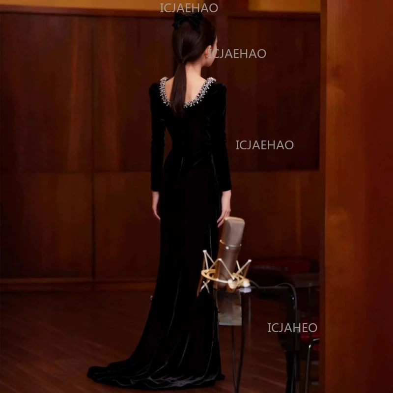 2026 Children Girls Long Sleeve Evening Dress French Style Birthday Model Piano Violin Runway Performance Pageant Gown Costume