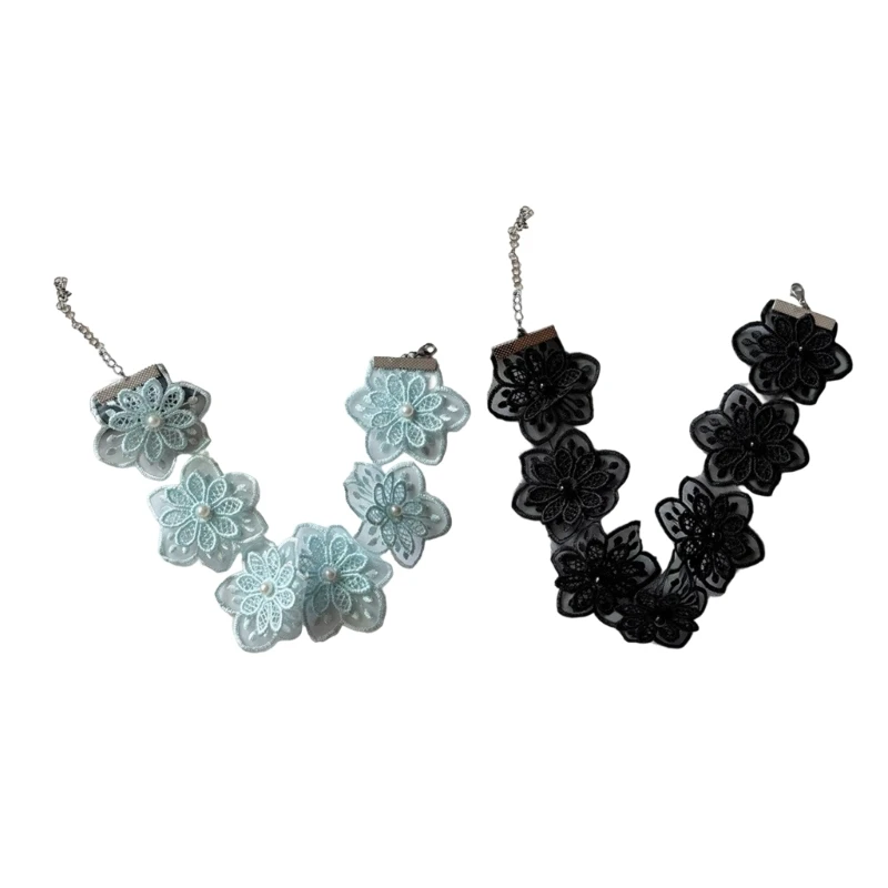 31BF Gothic Lace Flower and Faux Pearls Necklace Neck Strap for Special Occasions
