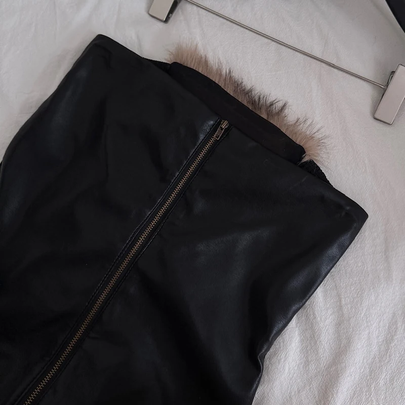 Vintage Strapless Dress Faux Leather Patchwork Fur Mini Dress Sexy Bodycon Dress Evening Party Ziper Short Dress Knitted Dresses