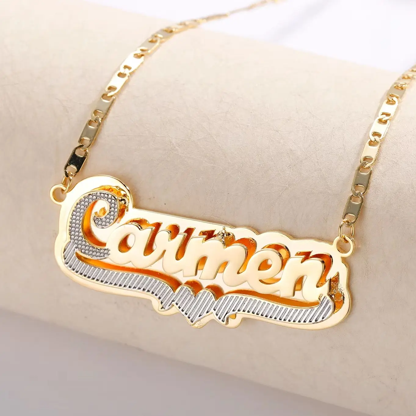 

18k Gold Plated Two Tone Gold Personalized Double Plate 3D Name Necklace Customize Any Name Celebrity Style Necklace For Women
