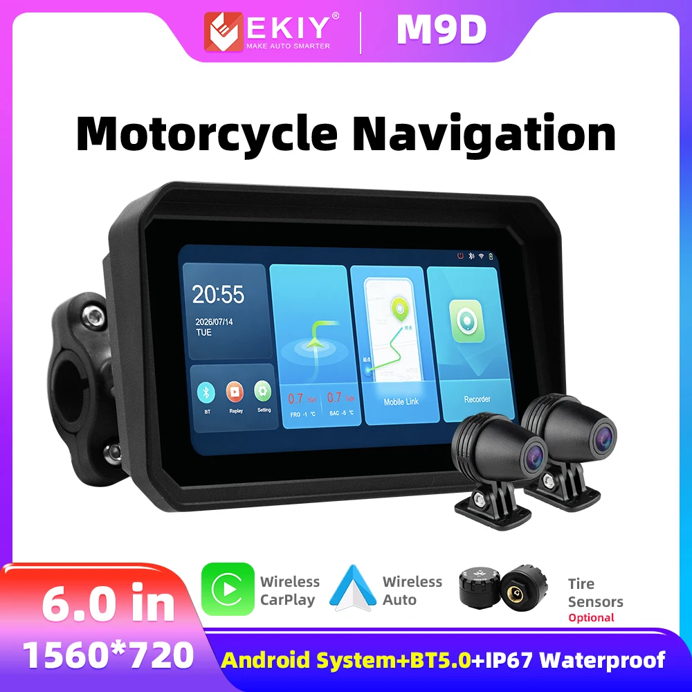 EKIY 6.2 in  Wireless Android Auto  Carplay Rotatable Motorcycle Display Screen GPS Navigation Waterproof IP67 DVR TPMS Monitor