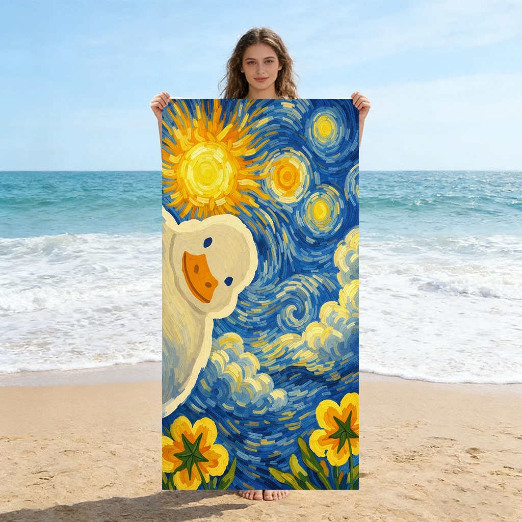 1PC For Van Gogh's Art Cute Duck Design Beach Towel Quick-drying Towel Suitable for Seaside Pool Camping Yoga For Family Friends