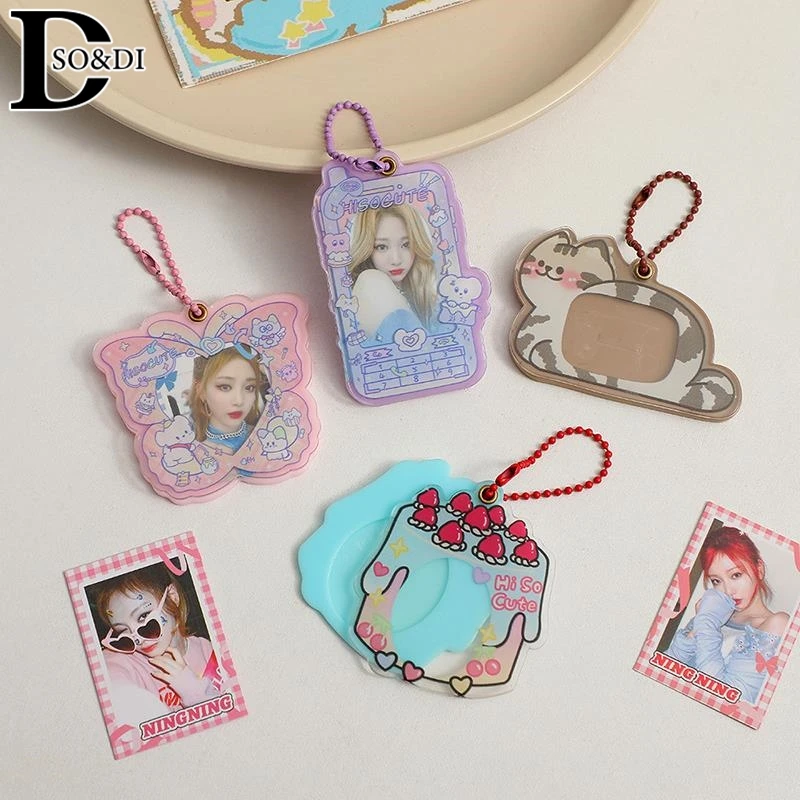 Kawaii 1Inch Acrylic Cartoon Cat Butterfly Kpop Photocard Holder Photo Card Holder Bag Pendant School Stationery